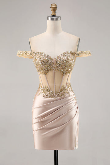 Champagne Off the Shoulder Corset Bodycon Cockatil Dress with Sequins